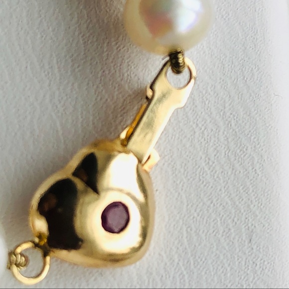 Vintage 14K Gold Ruby Heart Gem Insert Pearl Bracelet - Picture 4 of 8